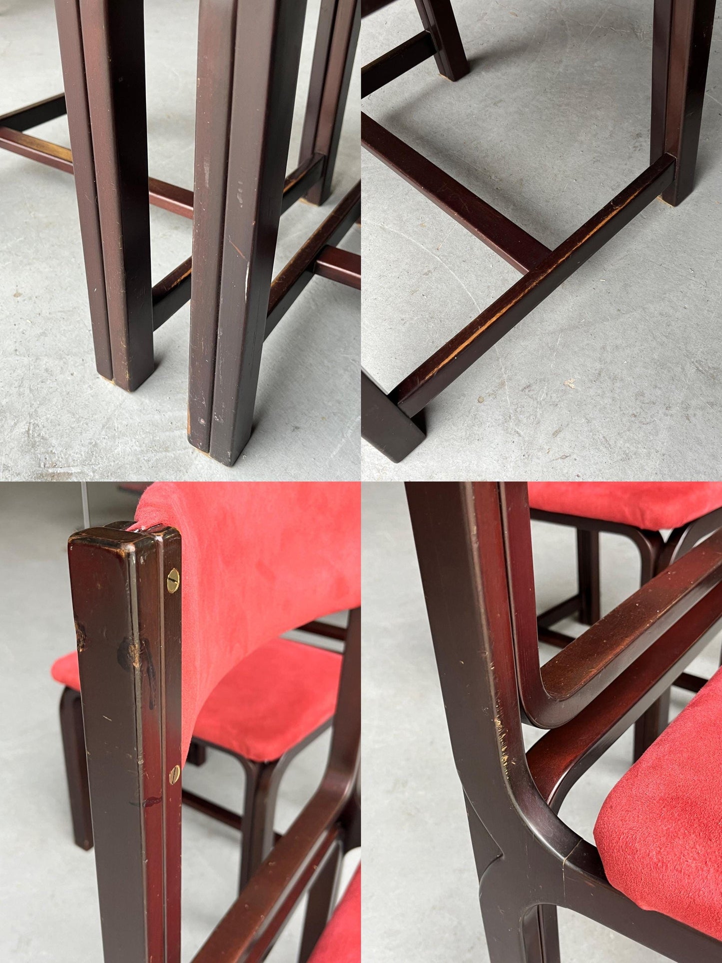 1 of 6 Vintage Mid-Century Modern Sculptural Dining Chairs in Burgundy Upholstery and Walnut, 1970s Italy