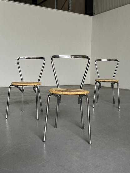 Ensemble de 4 chaises à repas modernistes en acier chromé et assises en corde tressée, Italie 1970