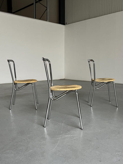 Ensemble de 4 chaises à repas modernistes en acier chromé et assises en corde tressée, Italie 1970