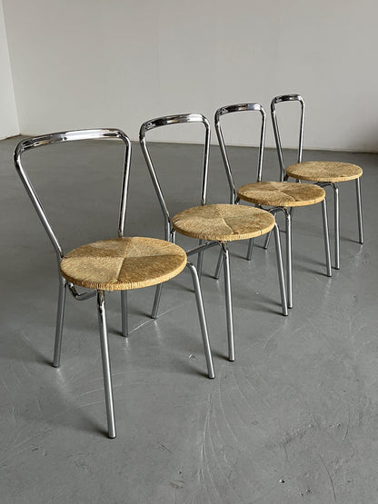 Ensemble de 4 chaises à repas modernistes en acier chromé et assises en corde tressée, Italie 1970