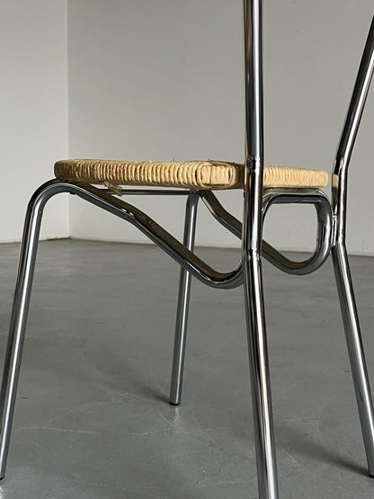 Ensemble de 4 chaises à repas modernistes en acier chromé et assises en corde tressée, Italie 1970