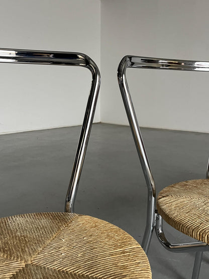 Ensemble de 4 chaises à repas modernistes en acier chromé et assises en corde tressée, Italie 1970