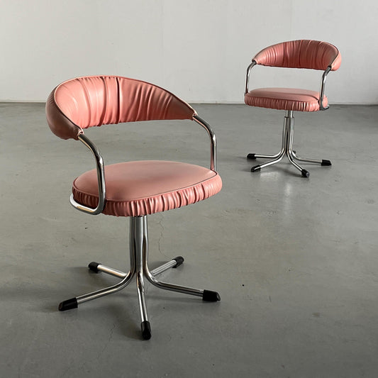 1 of 2 Mid-Century Modern swivel chairs in the style of Giotto Stoppino, in pink leather and chromed steel, Germany 1980s vintage