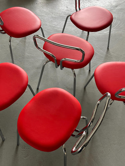 Bauhaus Design Curved Chrome Tubular Steel and Faux Leather Dining Chairs Vintage