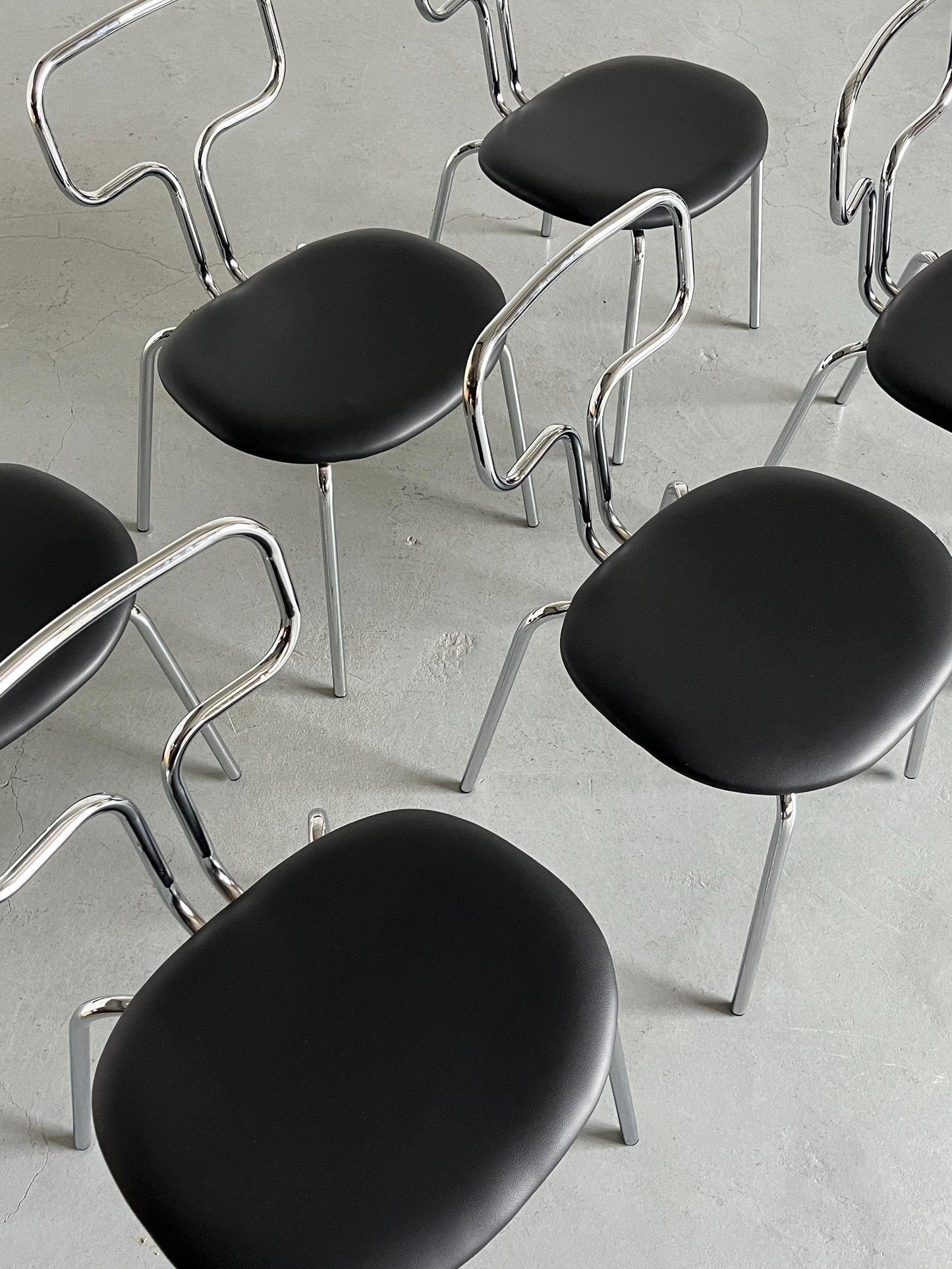 Bauhaus Design Curved Chrome Tubular Steel and Faux Leather Dining Chairs Vintage