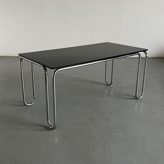 Vintage Italian Modernist Dining Table in Smoked Glass and Chromed Steel Tubular, 1980s Italy