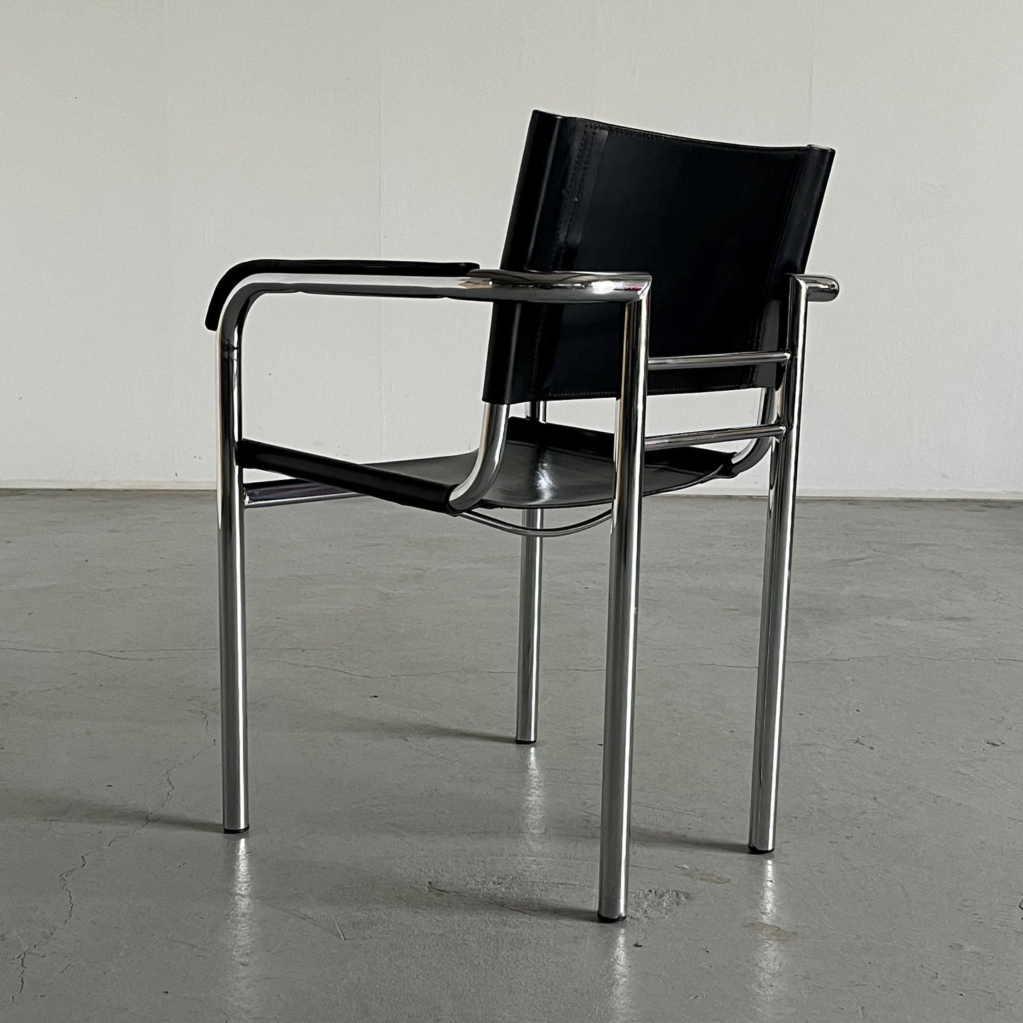 Vintage Bauhaus style tubular frame and black leather modernist armchair, 1970s