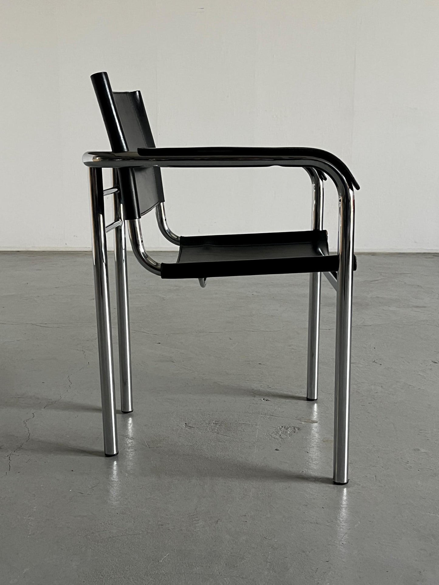 Vintage Bauhaus style tubular frame and black leather modernist armchair, 1970s