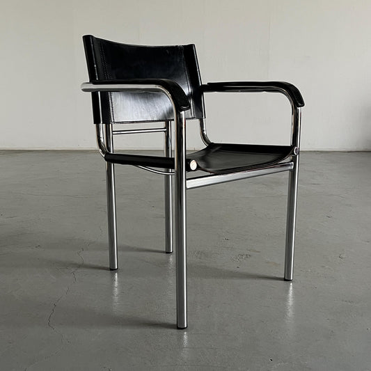 Vintage Bauhaus style tubular frame and black leather modernist armchair, 1970s