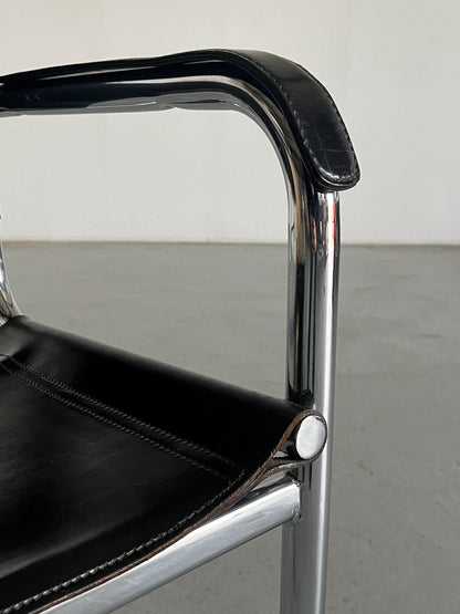 Vintage Bauhaus style tubular frame and black leather modernist armchair, 1970s