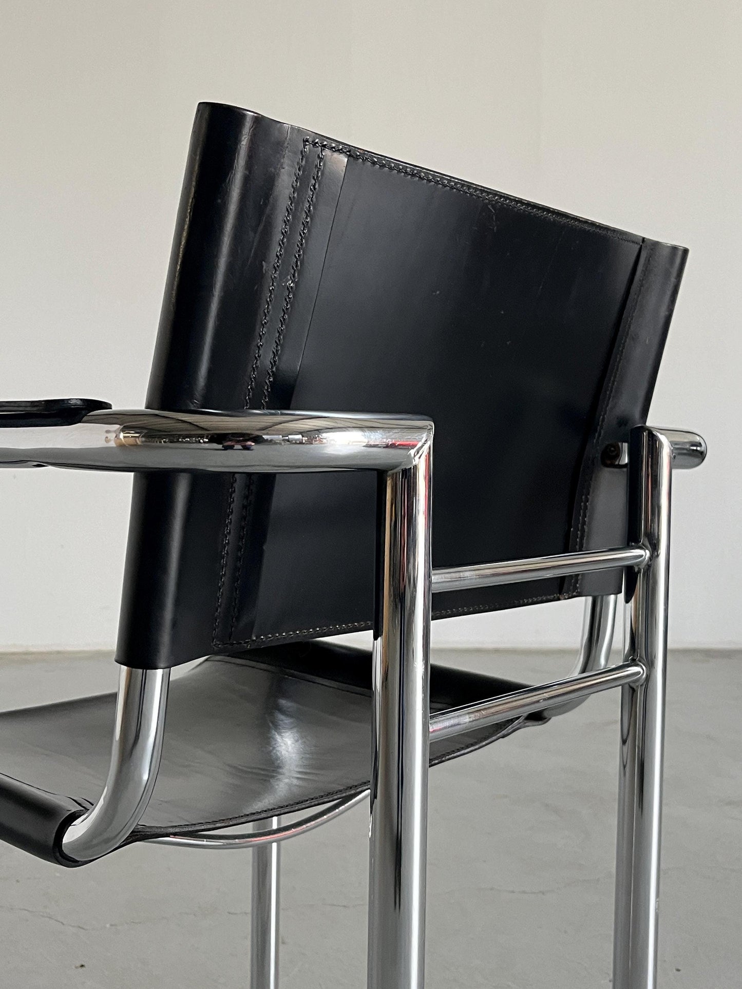 Vintage Bauhaus style tubular frame and black leather modernist armchair, 1970s