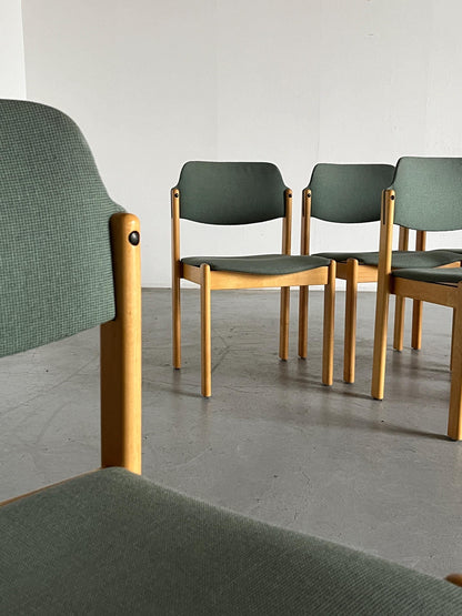 1 of 15 Mid-Century Modern Vintage Stackable Dining Chairs in the Style of Kusch+Co, Light Green Upholstered Fabric, Wood, 1980s Austria