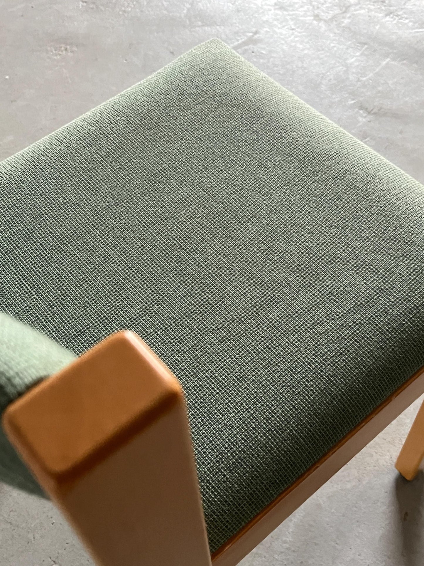 Vintage dining chair in mid-century modern style, light green upholstery fabric and wood, 1980s Austria