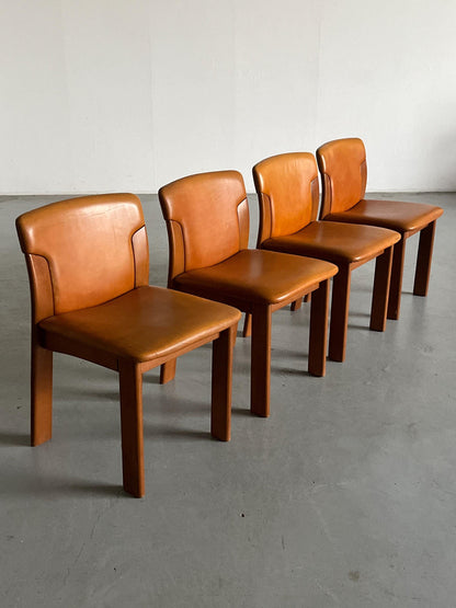 Set of 4 Vintage Mid-Century Modern Dining Chairs, Cognac Leather and Wood, in the style of Silvio Coppola, 1970s Italy