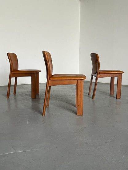 Set of 4 Vintage Mid-Century Modern Dining Chairs, Cognac Leather and Wood, in the style of Silvio Coppola, 1970s Italy