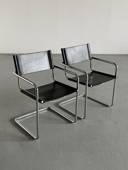 1 von 2 Original 'MG5' Sessel von Centro Studi für Matteo Grassi, Bauhaus Design Rohrstahl und Leder Freischwinger, 1979 Vintage