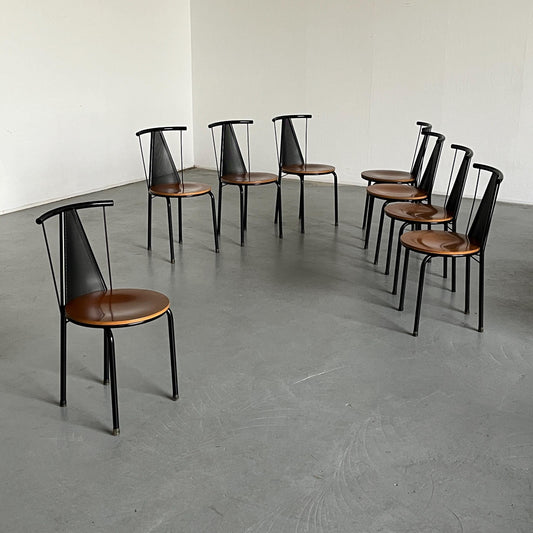 1 of 8 Postmodern Sculptural Vintage Dining Chairs in Black Metal with Round Wooden Seats, 1980s Italy