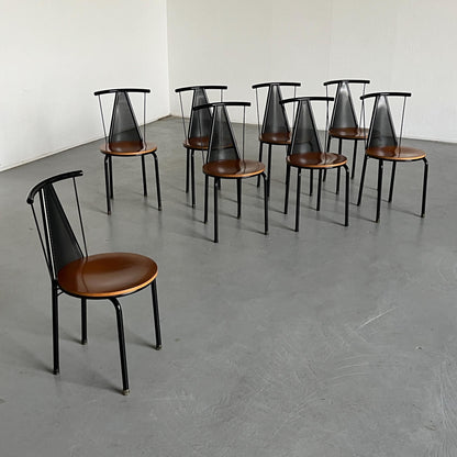 1 of 8 Postmodern Sculptural Vintage Dining Chairs in Black Metal with Round Wooden Seats, 1980s Italy