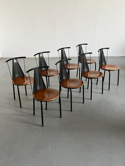 1 of 8 Postmodern Sculptural Vintage Dining Chairs in Black Metal with Round Wooden Seats, 1980s Italy