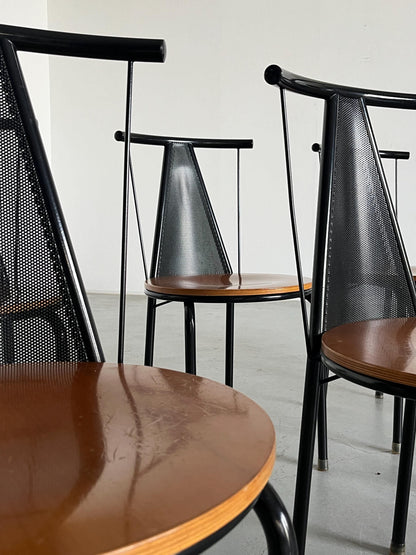 1 of 8 Postmodern Sculptural Vintage Dining Chairs in Black Metal with Round Wooden Seats, 1980s Italy