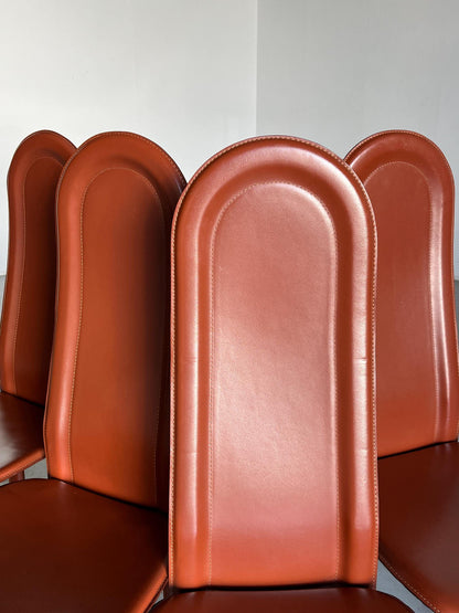 1 of 4 Mid-Century Modern Vintage Dining Chairs in Brown Leather in the Style of Roche Bobois, 1980s Italy