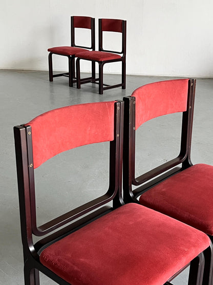 1 of 6 Vintage Mid-Century Modern Sculptural Dining Chairs in Burgundy Upholstery and Walnut, 1970s Italy