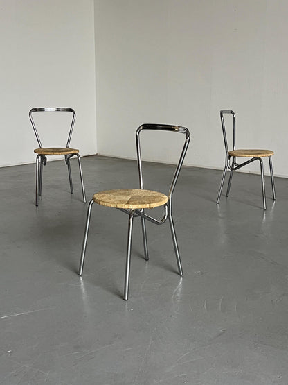 Ensemble de 4 chaises à repas modernistes en acier chromé et assises en corde tressée, Italie 1970