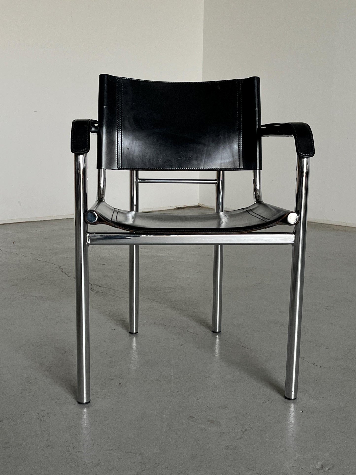 Vintage Bauhaus style tubular frame and black leather modernist armchair, 1970s