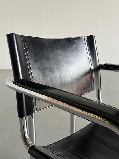 Vintage Bauhaus style tubular frame and black leather modernist armchair, 1970s