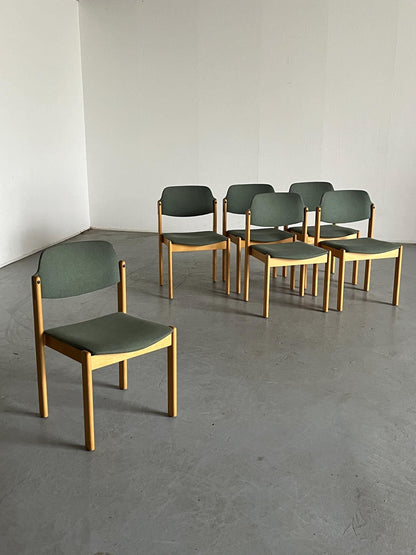 1 of 15 Mid-Century Modern Vintage Stackable Dining Chairs in the Style of Kusch+Co, Light Green Upholstered Fabric, Wood, 1980s Austria