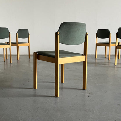 1 of 15 Mid-Century Modern Vintage Stackable Dining Chairs in the Style of Kusch+Co, Light Green Upholstered Fabric, Wood, 1980s Austria