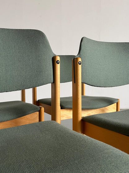 1 of 15 Mid-Century Modern Vintage Stackable Dining Chairs in the Style of Kusch+Co, Light Green Upholstered Fabric, Wood, 1980s Austria