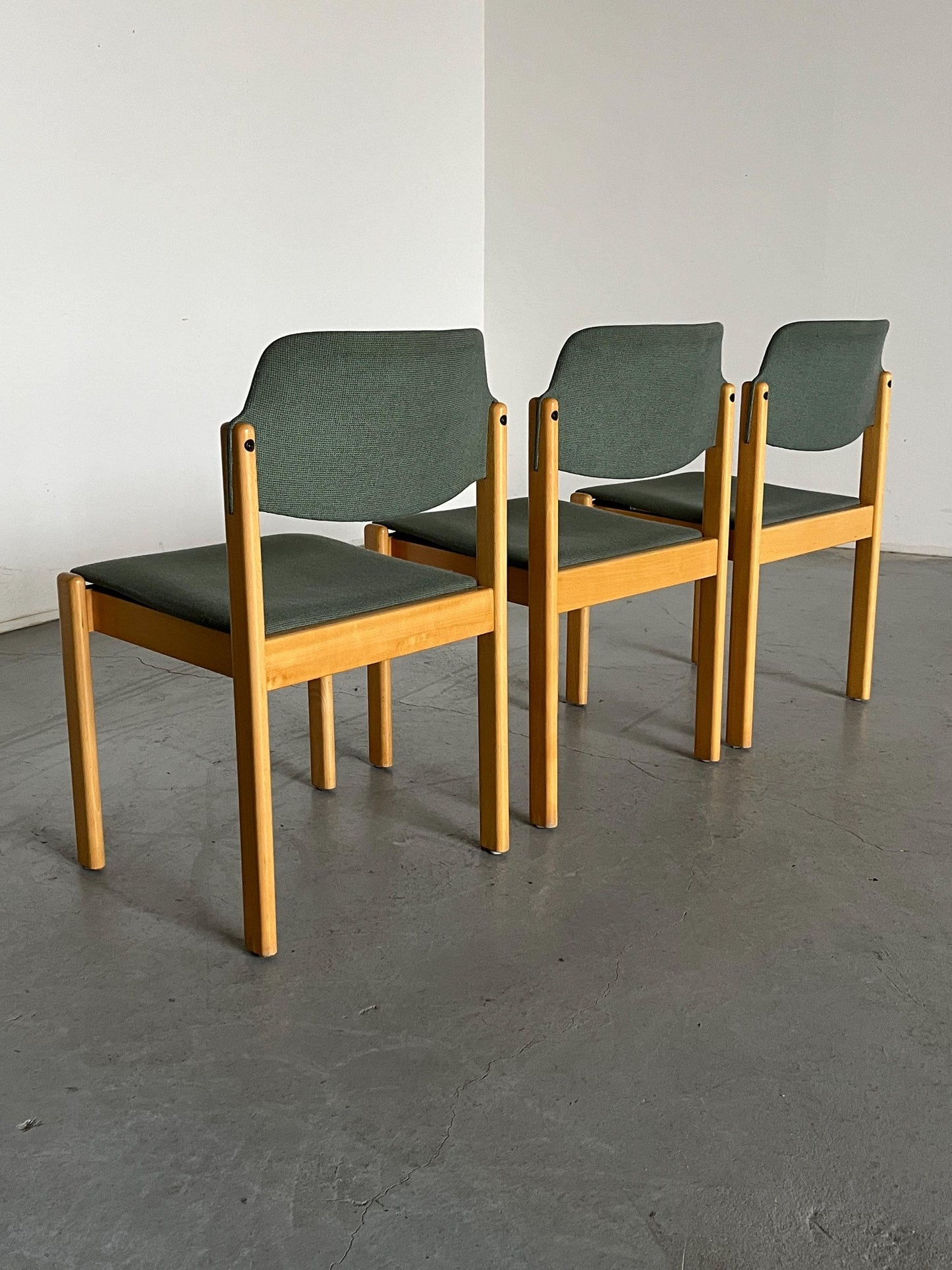 1 of 15 Mid-Century Modern Vintage Stackable Dining Chairs in the Style of Kusch+Co, Light Green Upholstered Fabric, Wood, 1980s Austria