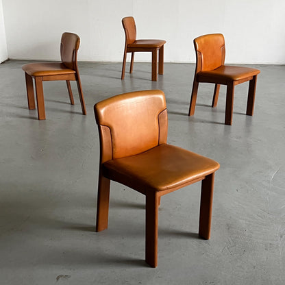 Set of 4 Vintage Mid-Century Modern Dining Chairs, Cognac Leather and Wood, in the style of Silvio Coppola, 1970s Italy