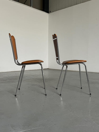 Set of 2 Vintage Mid-Century Modern or Art Deco Petal Dining Chairs by Tubménager SA Ranger, Faux Leather and Chromed Steel, 1960s France