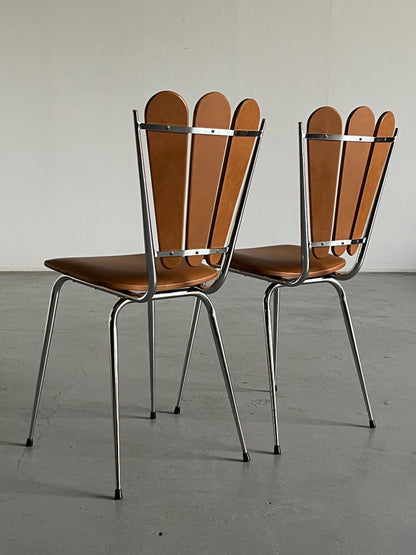 Set of 2 Vintage Mid-Century Modern or Art Deco Petal Dining Chairs by Tubménager SA Ranger, Faux Leather and Chromed Steel, 1960s France