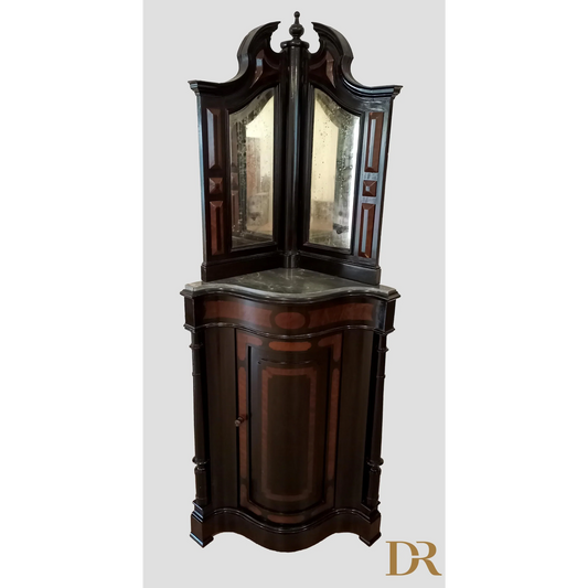 Vintage Neapolitan corner cabinet from the 19th century, lacquered with mirror and original marble