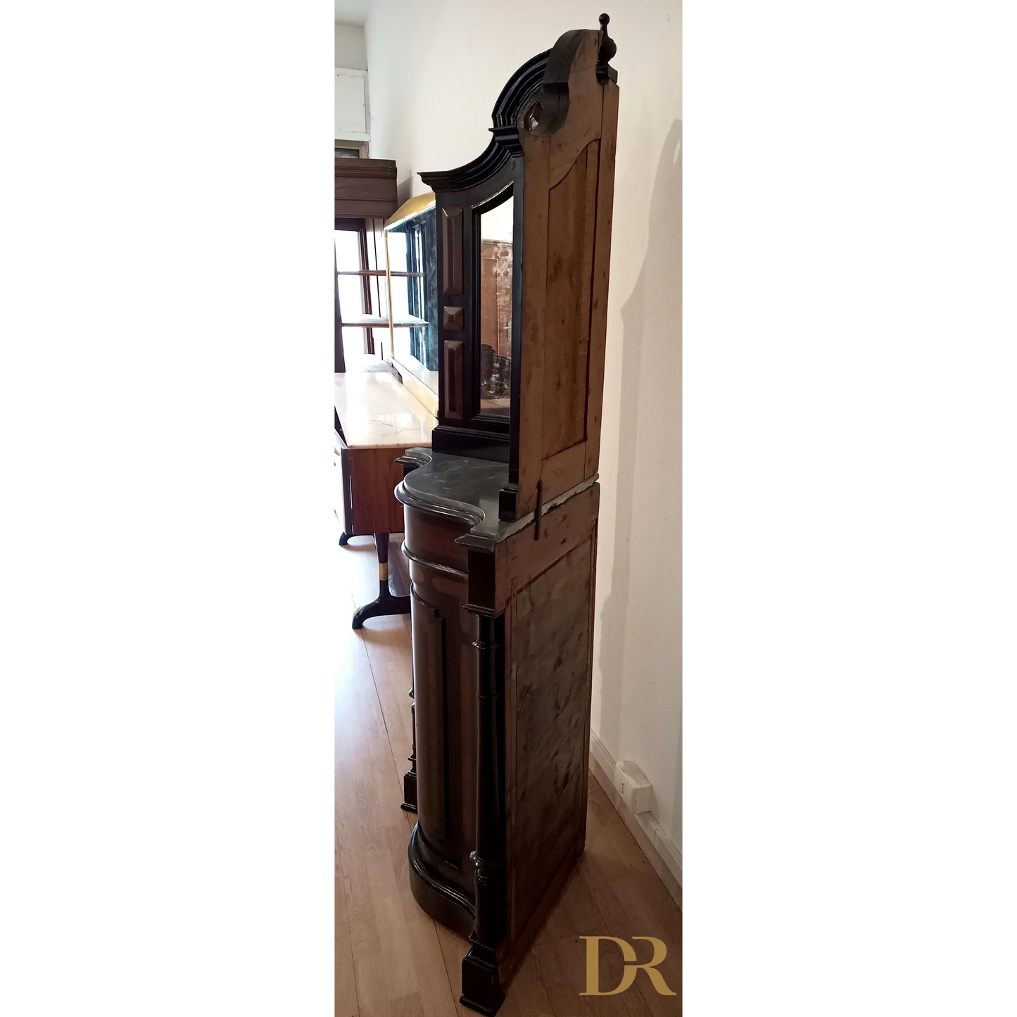 Vintage Neapolitan corner cabinet from the 19th century, lacquered with mirror and original marble