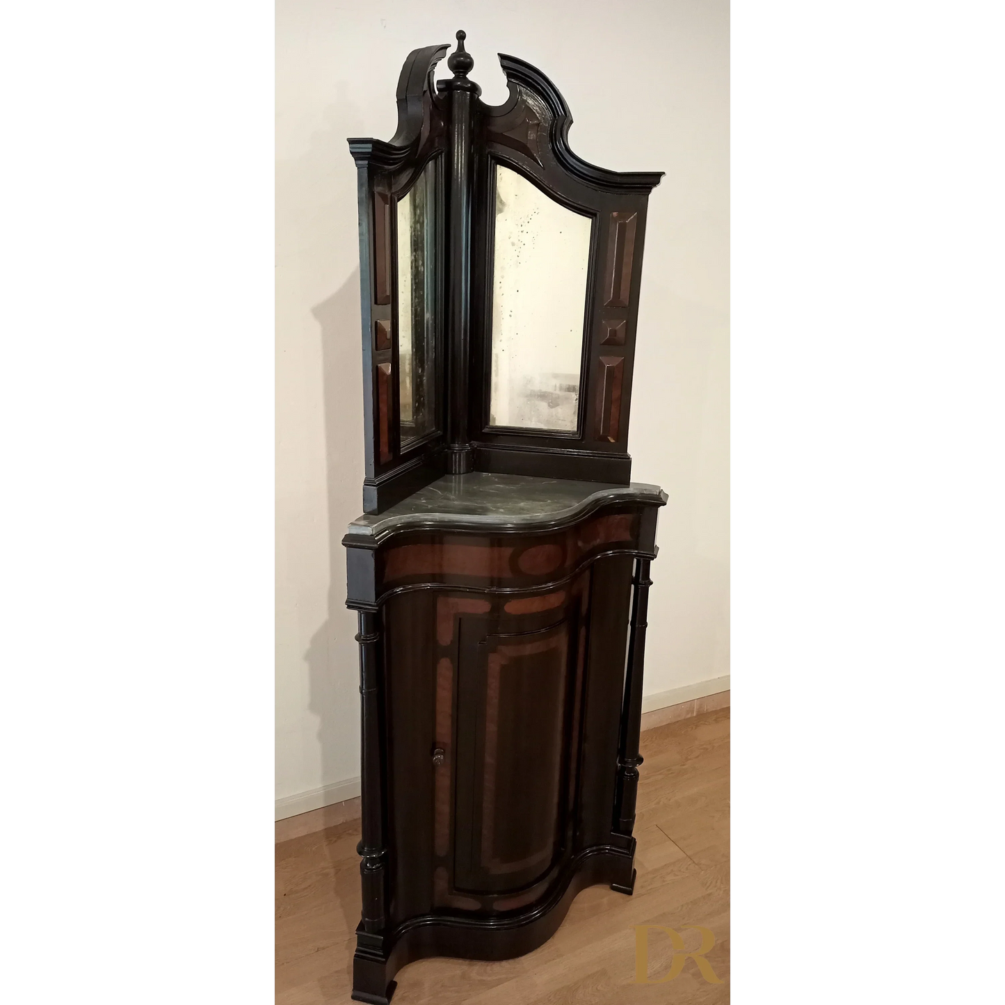 Vintage Neapolitan corner cabinet from the 19th century, lacquered with mirror and original marble