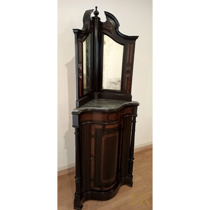 Vintage Neapolitan corner cabinet from the 19th century, lacquered with mirror and original marble