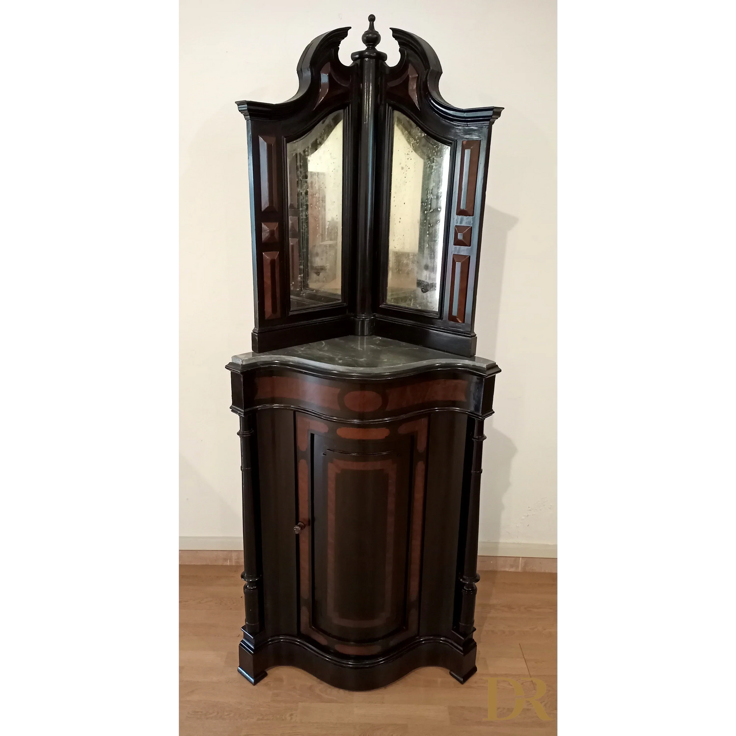 Vintage Neapolitan corner cabinet from the 19th century, lacquered with mirror and original marble