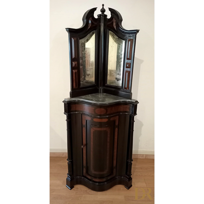 Vintage Neapolitan corner cabinet from the 19th century, lacquered with mirror and original marble