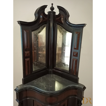 Vintage Neapolitan corner cabinet from the 19th century, lacquered with mirror and original marble