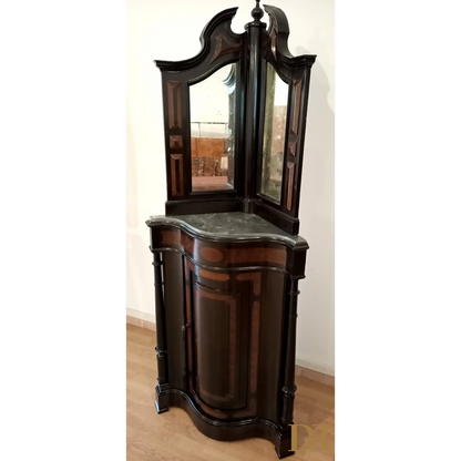 Vintage Neapolitan corner cabinet from the 19th century, lacquered with mirror and original marble