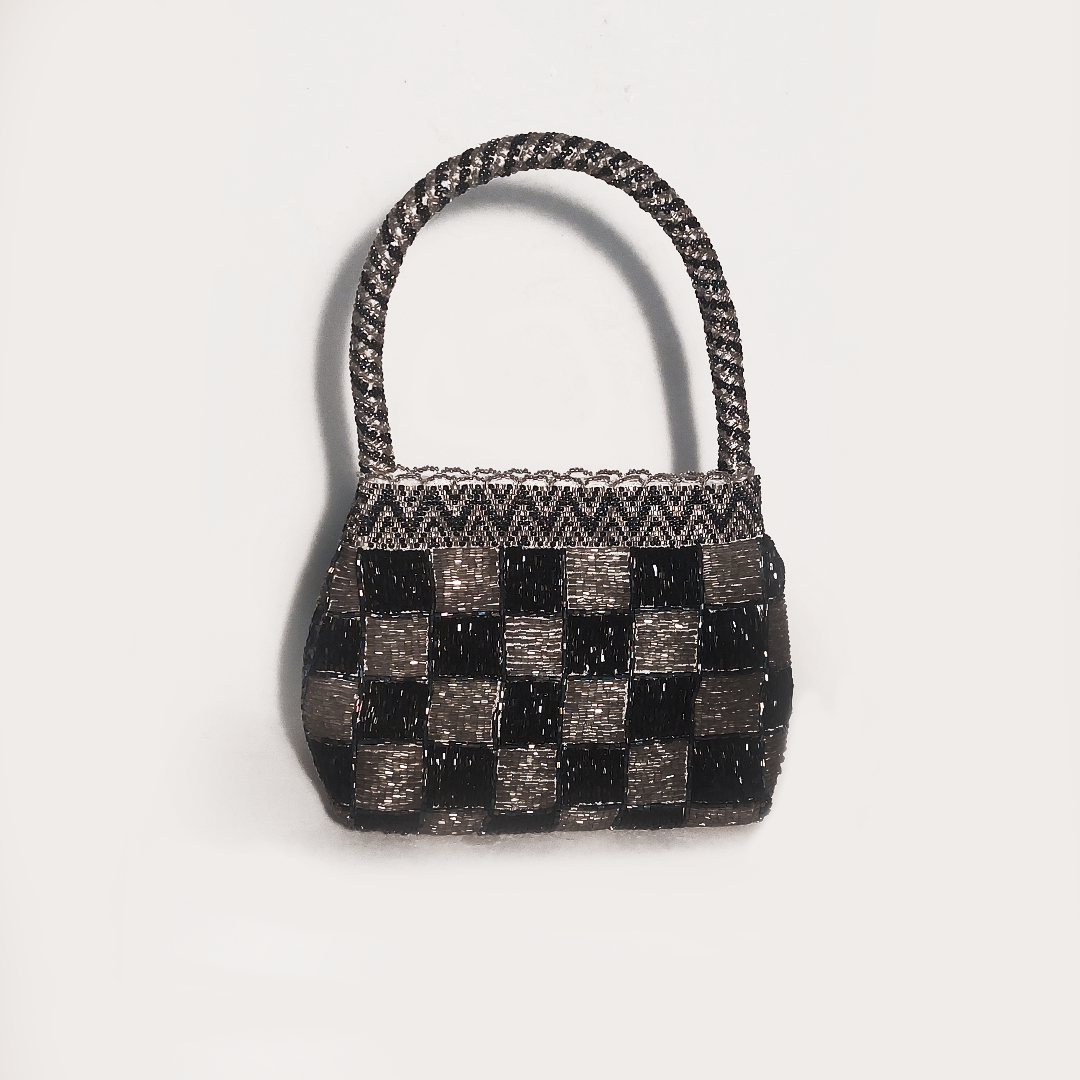 Checkerboard Vintage Beaded Bag: Stylish design, compact