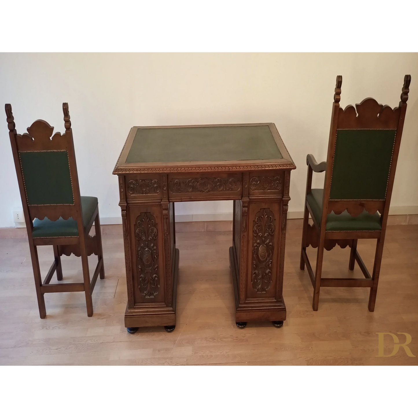 Set of 2 chairs and ministerial desk in green leather for study and office in walnut wood