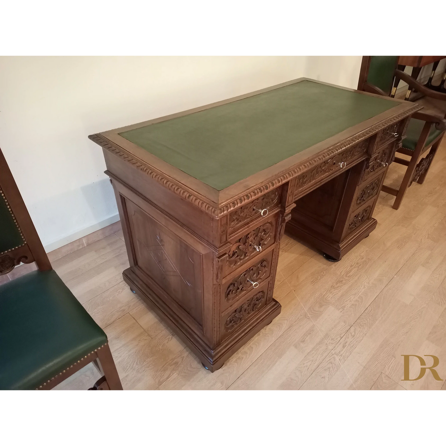 Set of 2 chairs and ministerial desk in green leather for study and office in walnut wood