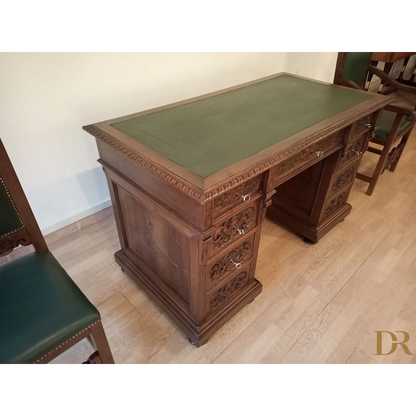 Set of 2 chairs and ministerial desk in green leather for study and office in walnut wood