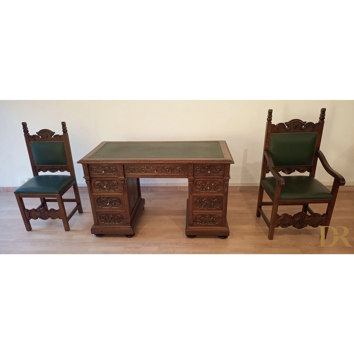 Set of 2 chairs and ministerial desk in green leather for study and office in walnut wood