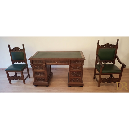 Set of 2 chairs and ministerial desk in green leather for study and office in walnut wood